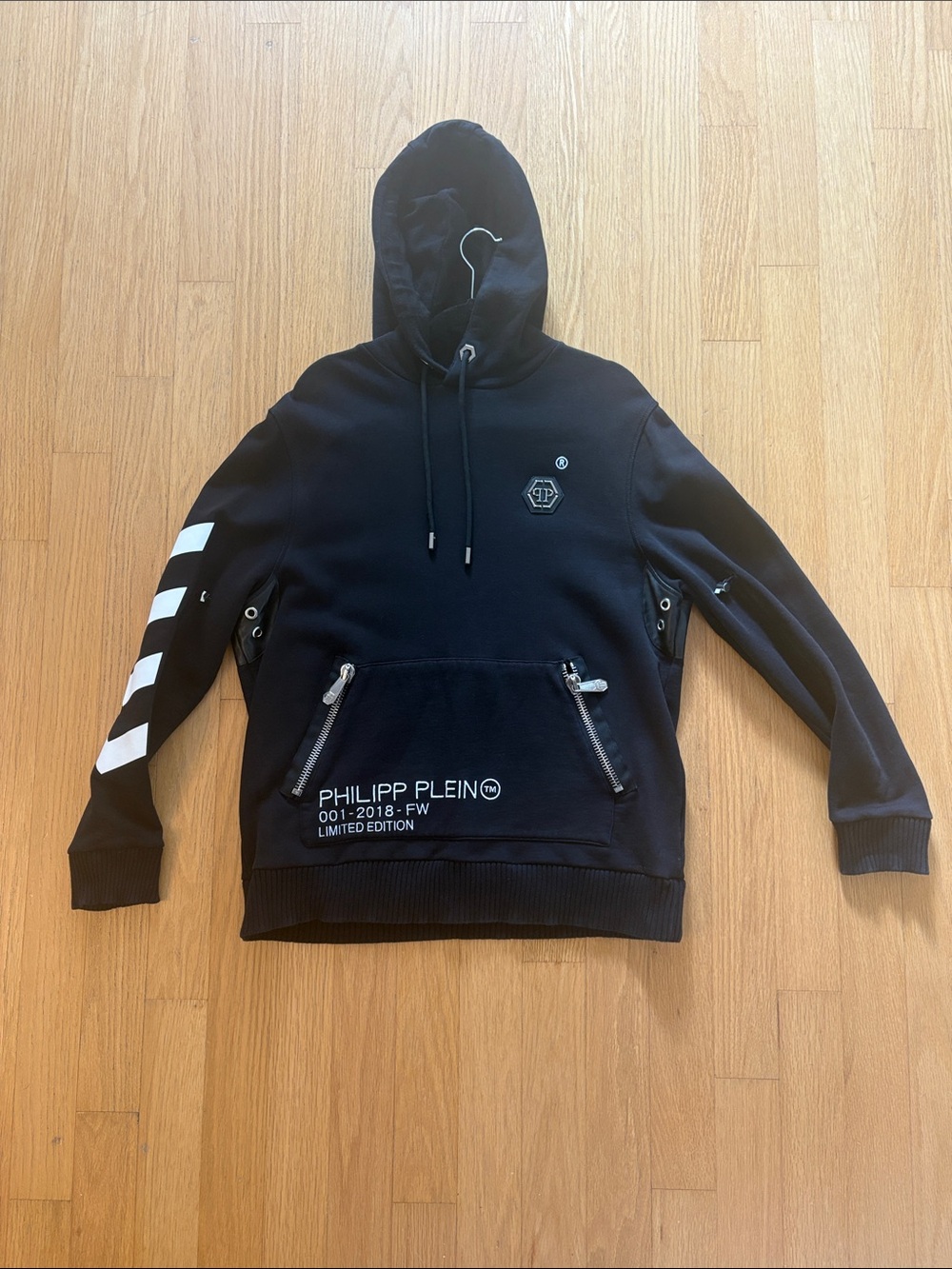 Philipp Plein Black Hoodie with White Sleeve Stripes